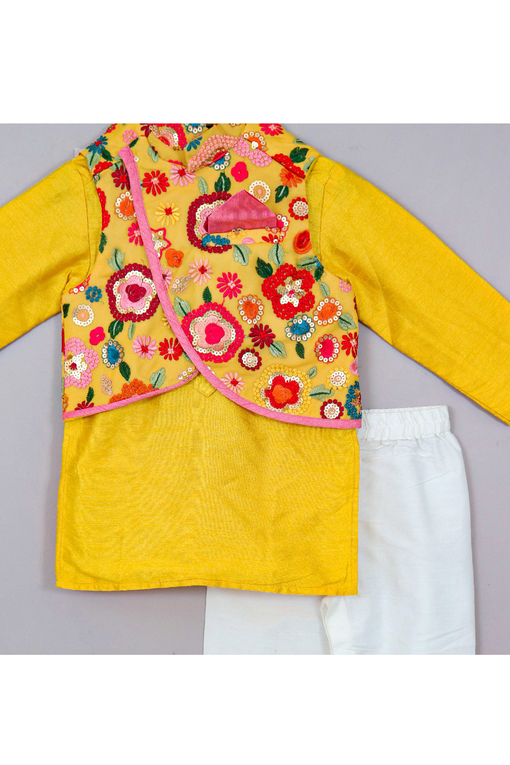 Yellow Art Silk Kurta With Floral Embroidered Georgette Jacket Set