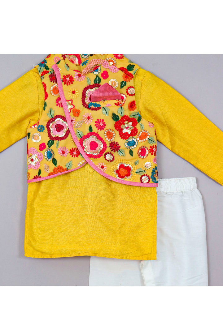 Yellow Art Silk Kurta With Floral Embroidered Georgette Jacket Set