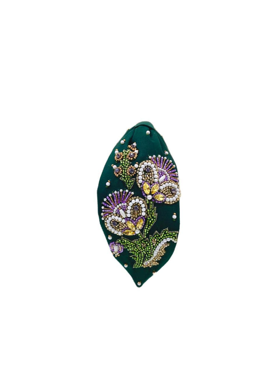 Green Floral Handmade Embroidered Hairband