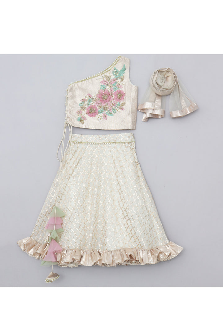 Off White And Golden Floral Embroidered One Shoulder Top With Skirt Set