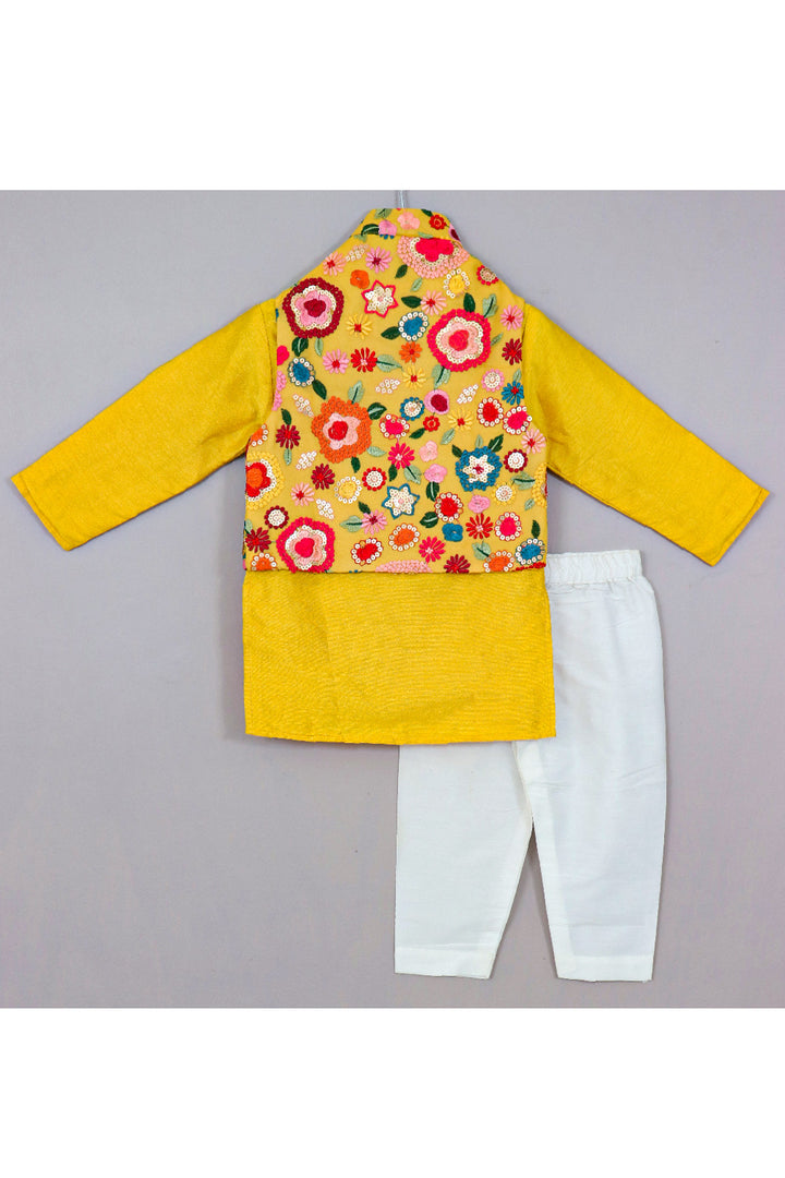 Yellow Art Silk Kurta With Floral Embroidered Georgette Jacket Set