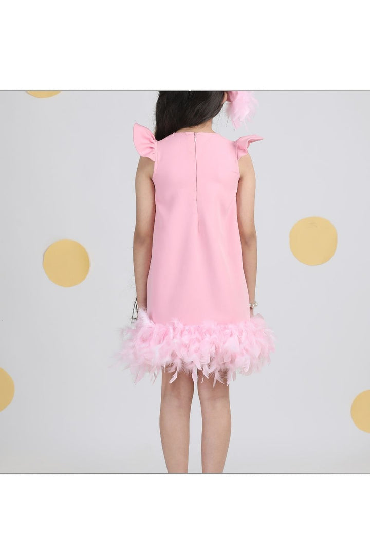 Pink Imported Crepe With Stone Detailing Fur Dress