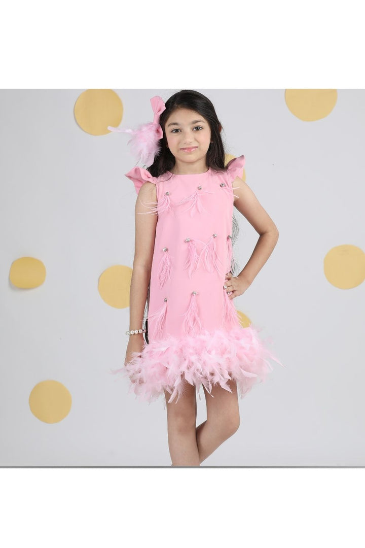 Pink Imported Crepe With Stone Detailing Fur Dress