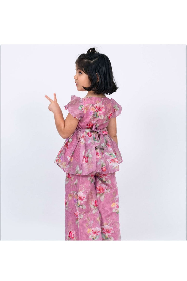 Pink Floral Printed V-Neck Lace Embellished Top & Palazzo Set