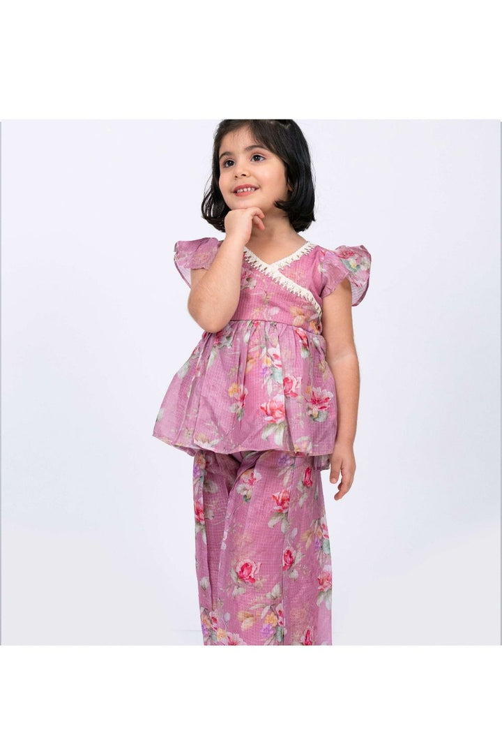 Pink Floral Printed V-Neck Lace Embellished Top & Palazzo Set