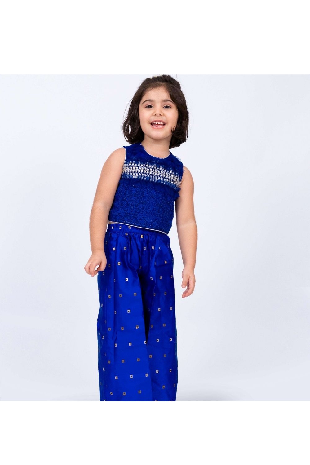 Blue Embroidered Top with Frill Details & Self Designed Palazzo Set