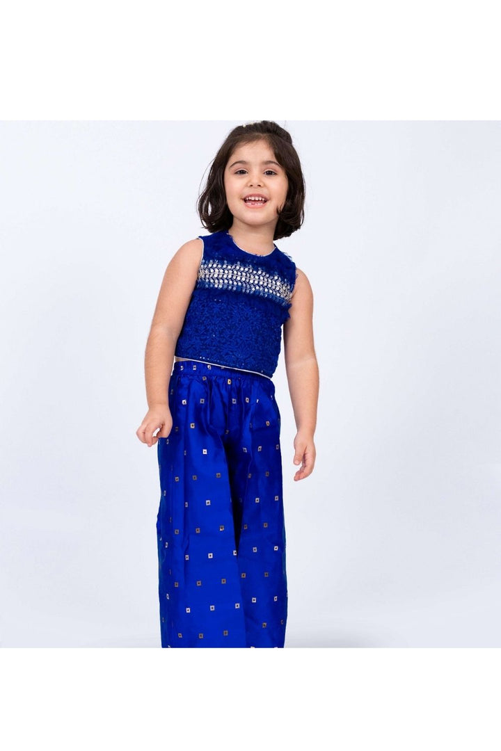 Blue Embroidered Top with Frill Details & Self Designed Palazzo Set