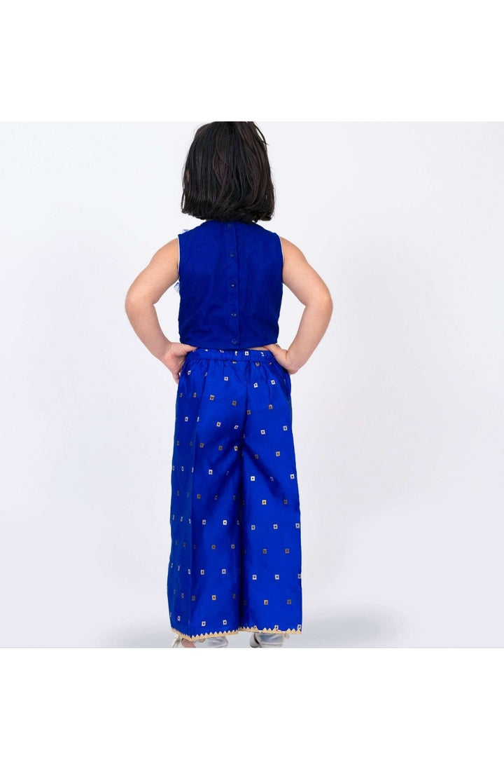 Blue Embroidered Top with Frill Details & Self Designed Palazzo Set