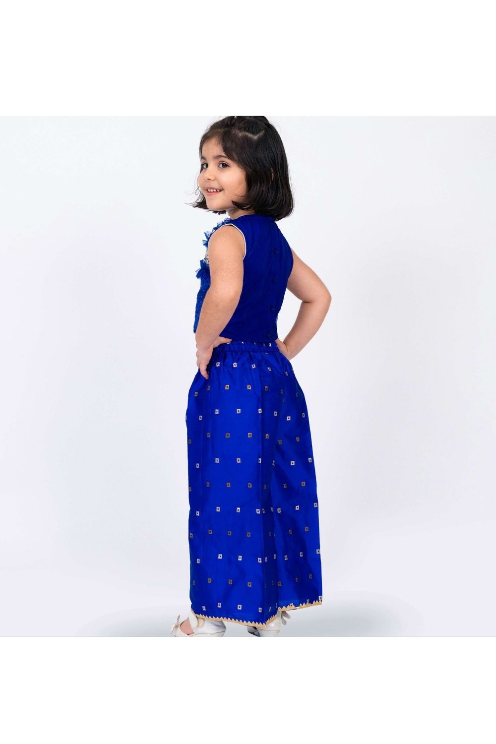 Blue Embroidered Top with Frill Details & Self Designed Palazzo Set