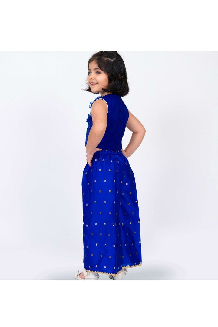 Blue Embroidered Top with Frill Details & Self Designed Palazzo Set