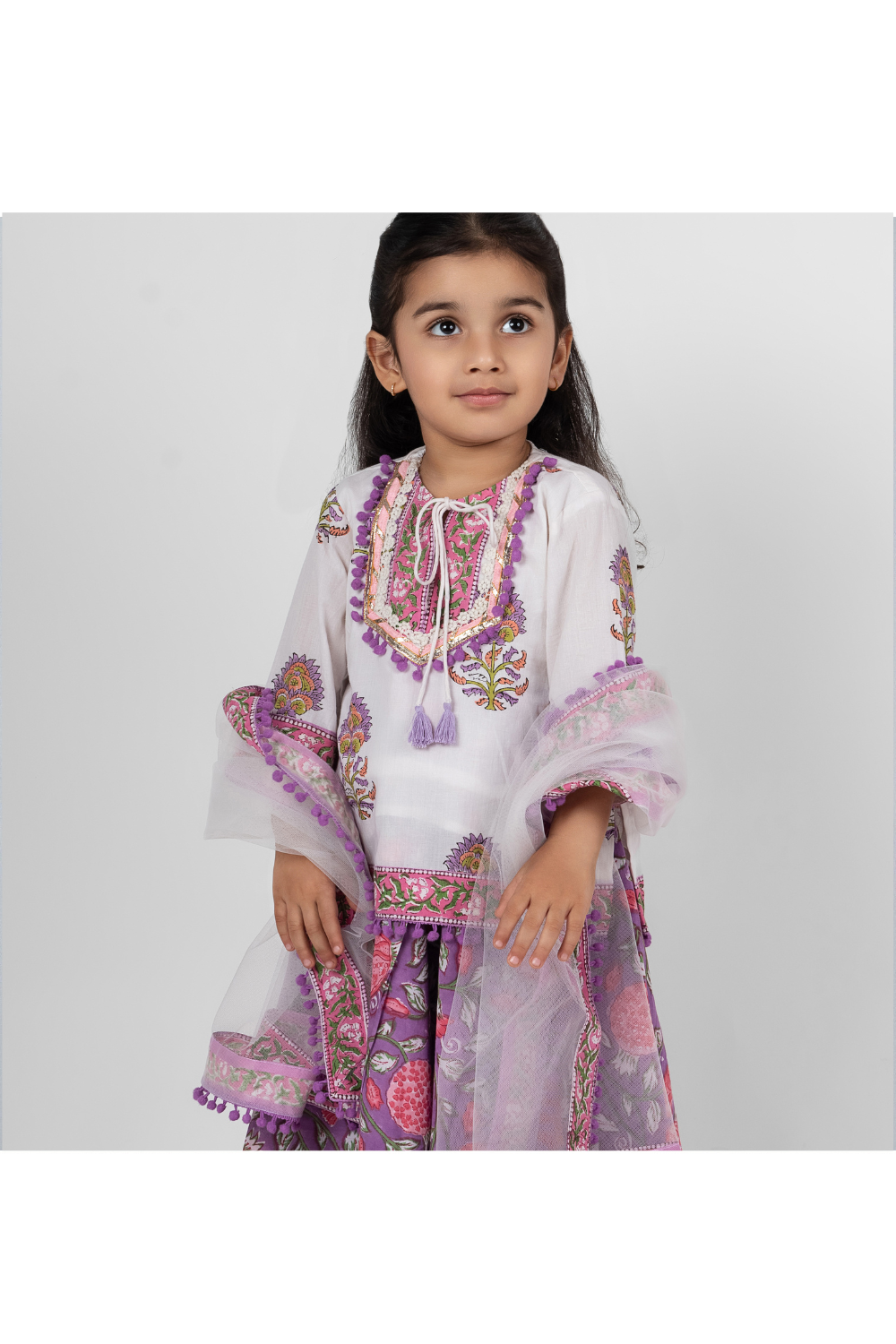 Mauve Block Printed Gota Detailing Kurta Lehenga With Dupatta Set