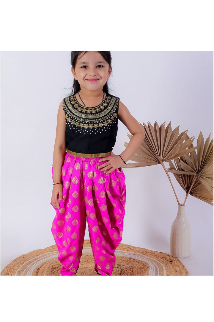Black Embroidered Top & Pink Dhoti Pant Set