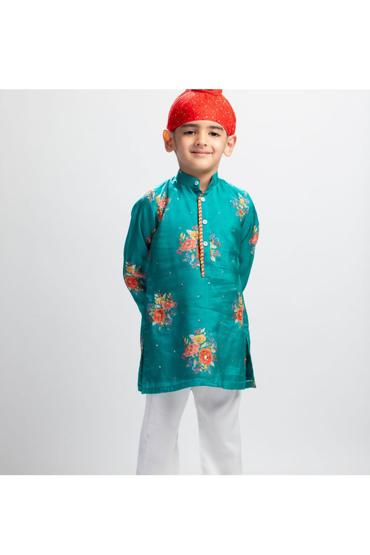 Green Big Floral Printed Kurta With White Pyjama Set