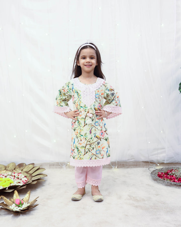 Peacock Cotton Printed Kurti With Pant Set