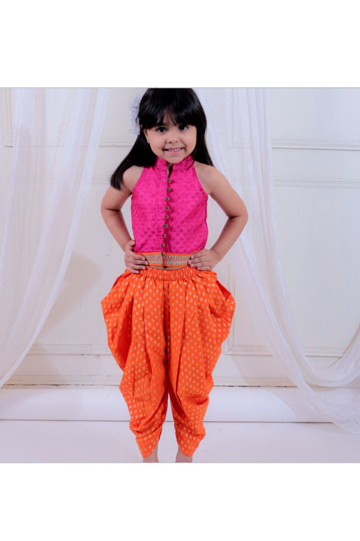 Pink Incut Style Jacquard Top Embellished & Orange Foil Printed Dhoti Pant Set