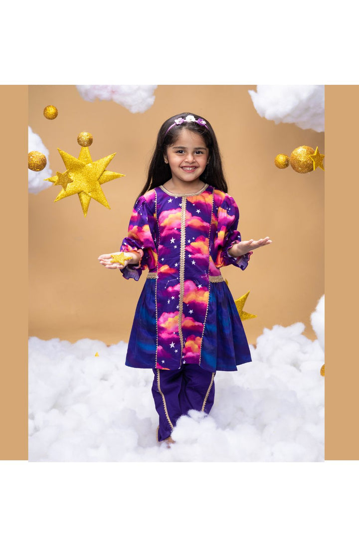 Cloud And Star Printed Peplum Style Top With Dhoti Set