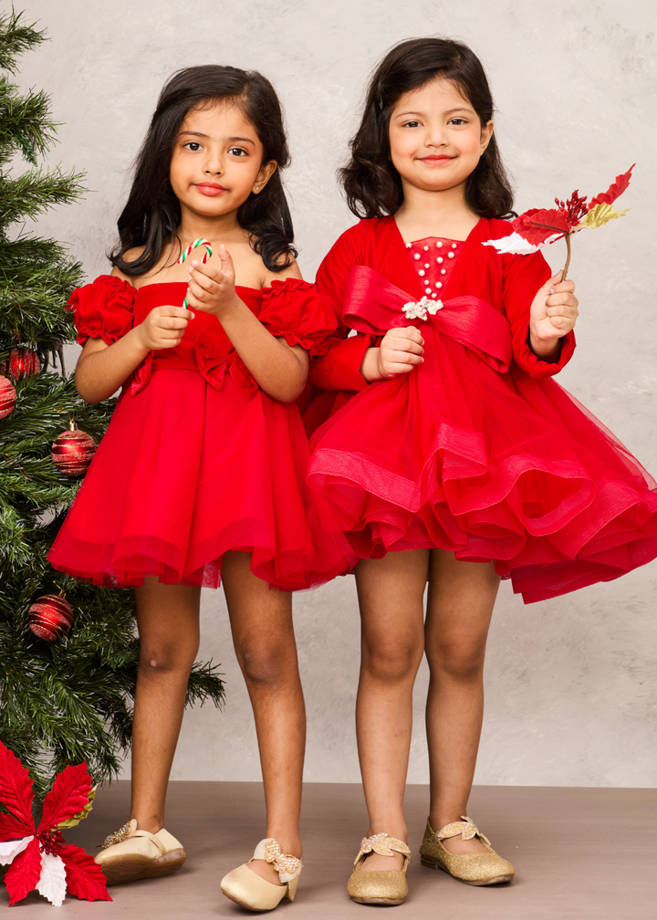 Red Velvet Embellished Bow With Allure Net Bottom Dress