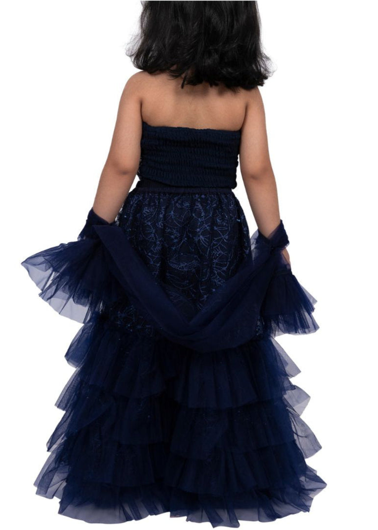 Navy Blue Frill Halter Neck Top with Frilled Ghaghra Set
