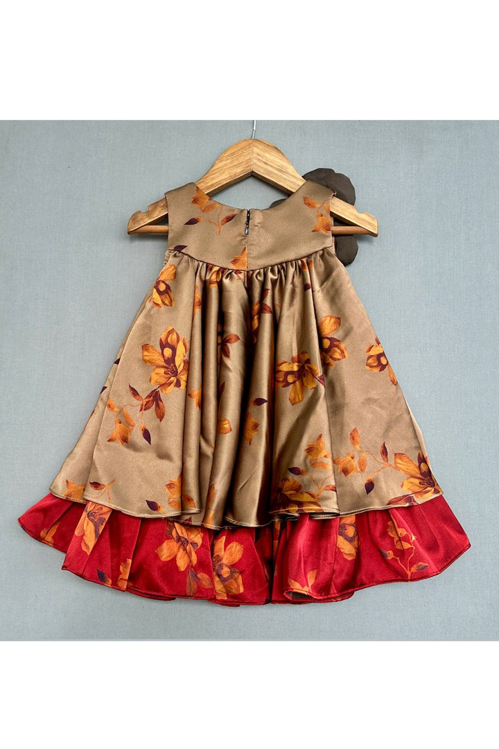 Brown Double Layered Cotton Floral Dress with Handmade flowers