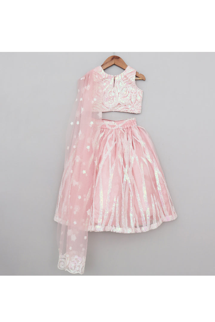 Pink Sequins Embroidered Net Sleeveless Top With Lehenga Set