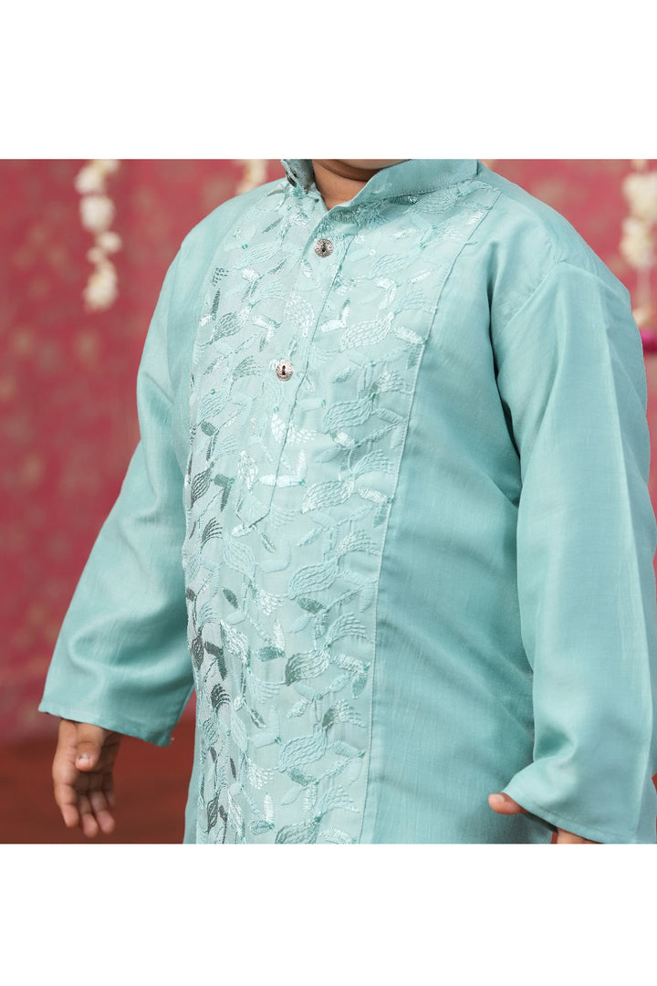 Teal Blue Thread Embroidered Kurta With Pyjama Set