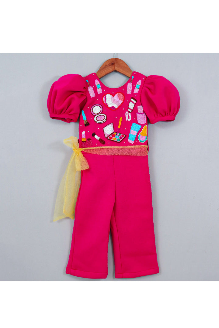 Hot Pink Makeup Embroidered Puff Sleeves Jumpsuit
