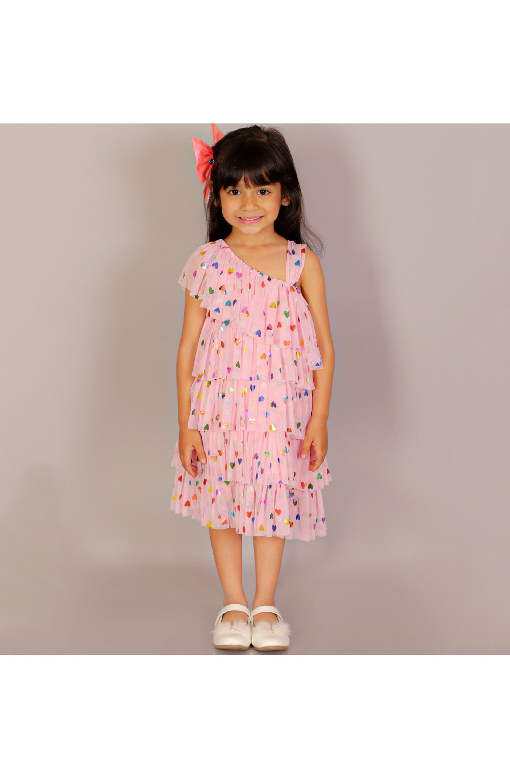 Pink Hearts Embellished One Shoulder Tiered Dress