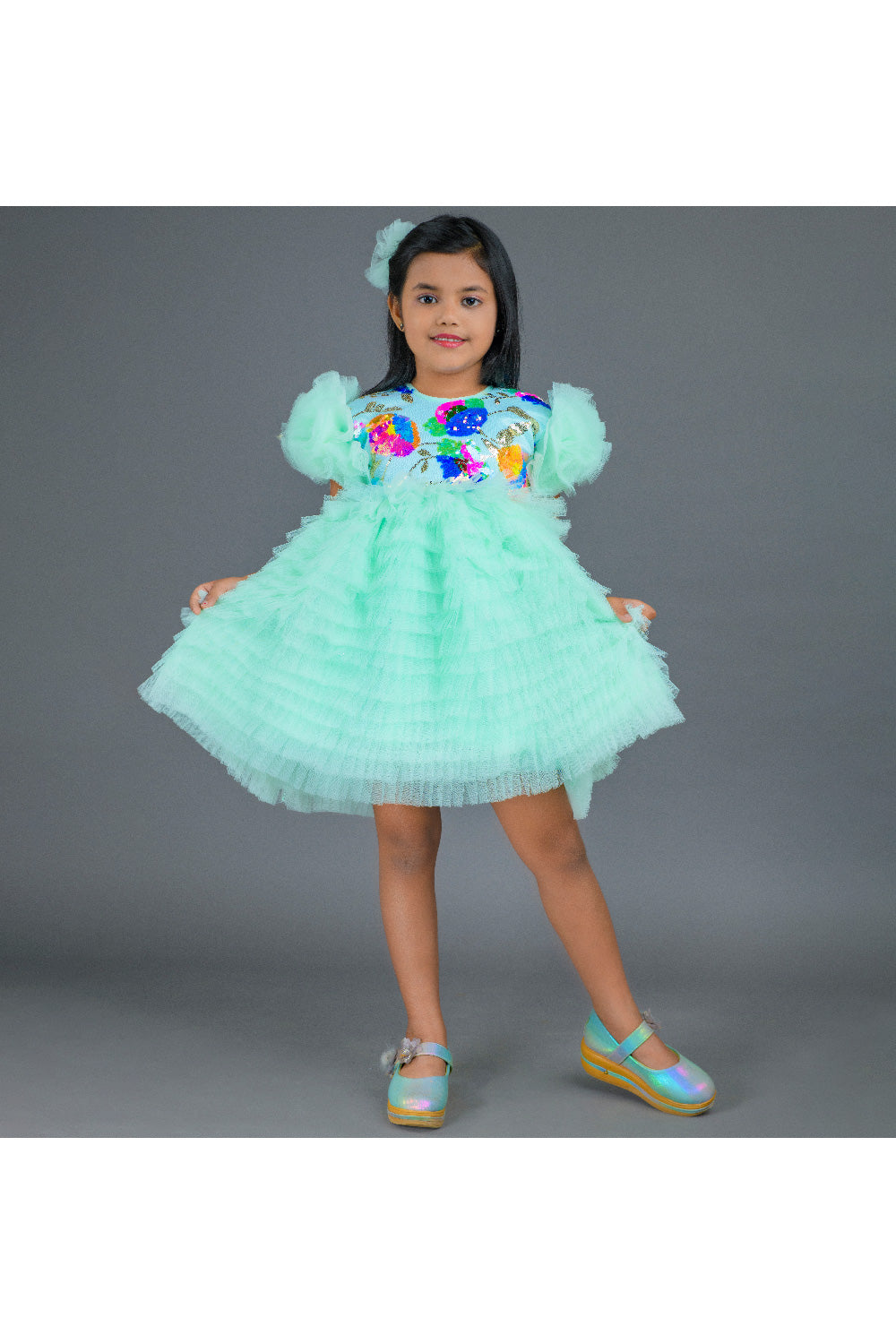 Sea Green Sequins Detailing Net Frill Dress