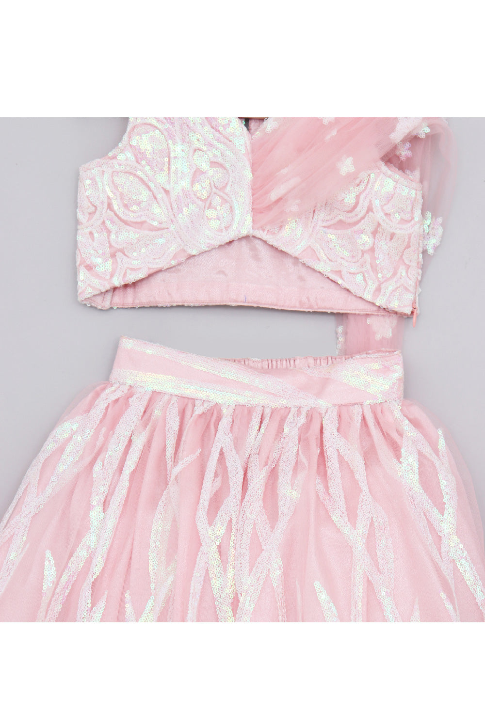 Pink Sequins Embroidered Net Sleeveless Top With Lehenga Set
