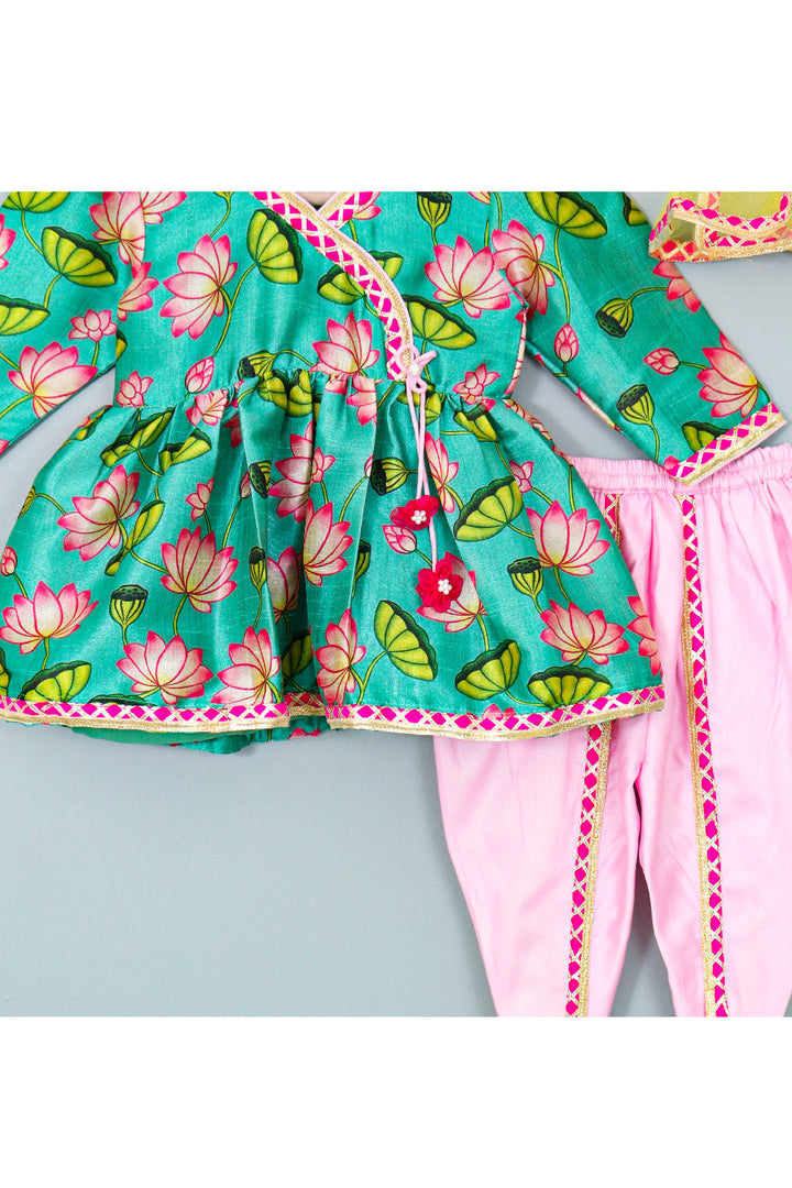 Aqua Lotus Printed Angarkha Peplum Style Top With Dhoti Set