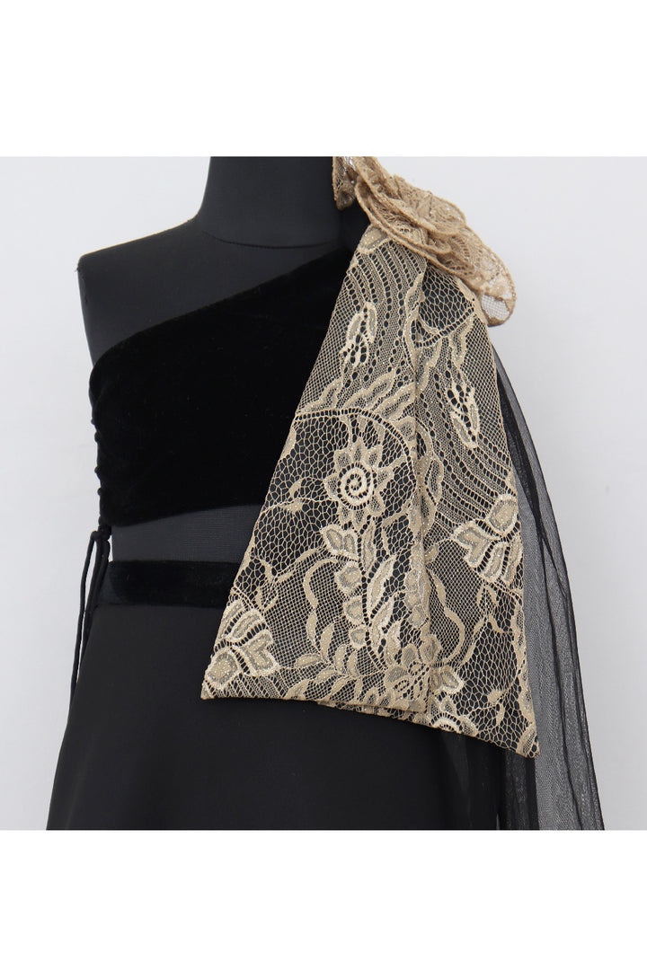 Black Flower Detailing Velvet One Shoulder Top With Neoprene Skirt Set