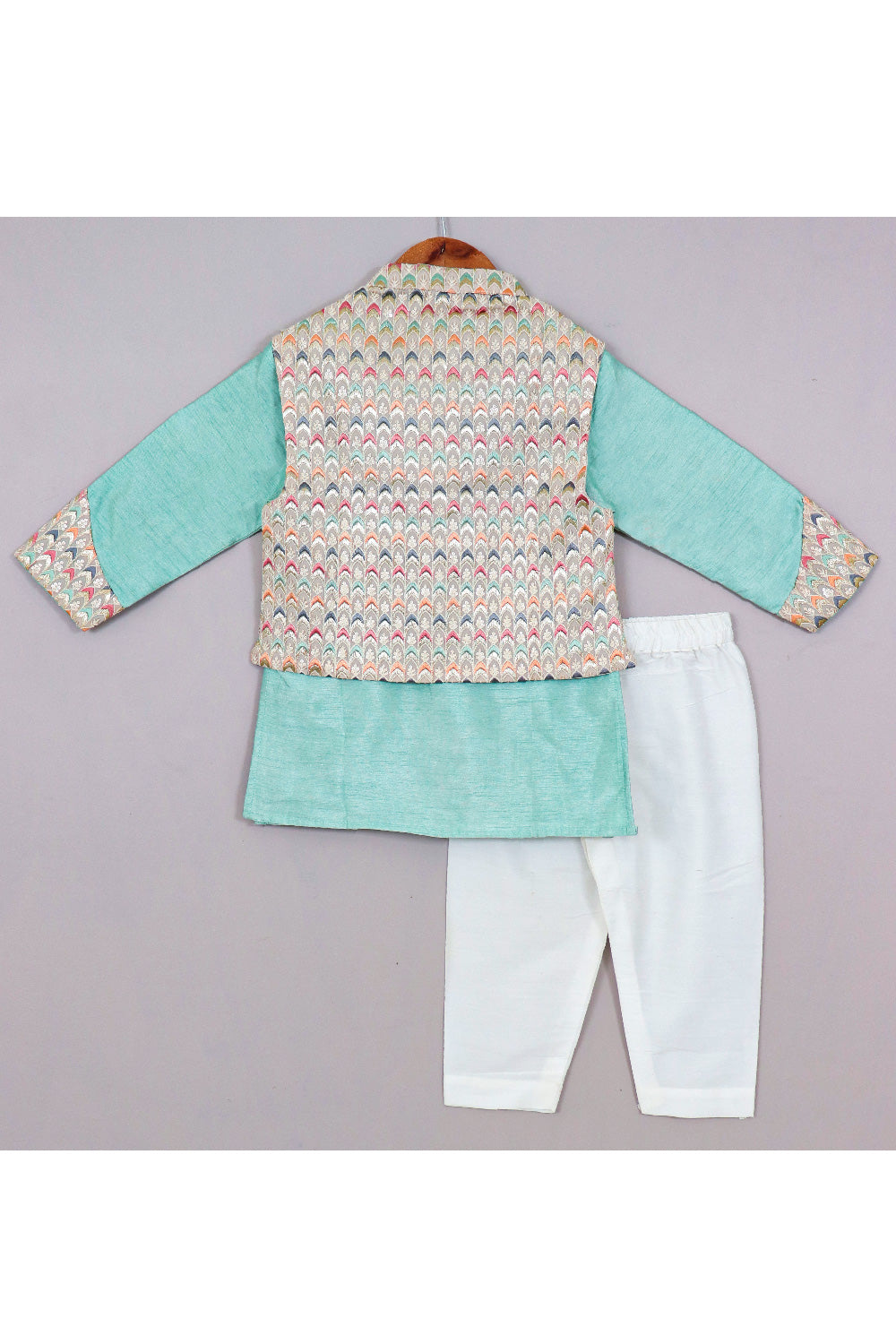 Sea Green Art Silk Kurta With Embroidered Jacket Set