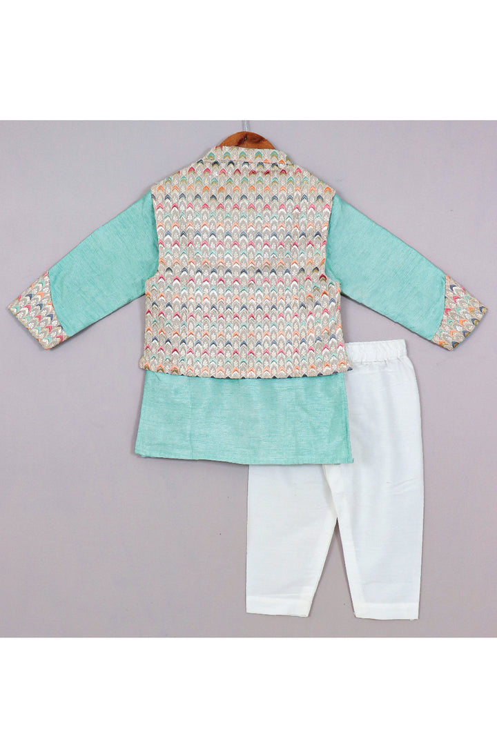 Sea Green Art Silk Kurta With Embroidered Jacket Set