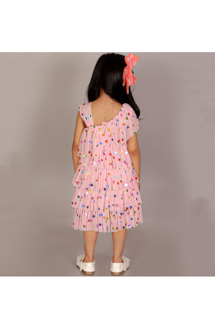 Pink Hearts Embellished One Shoulder Tiered Dress