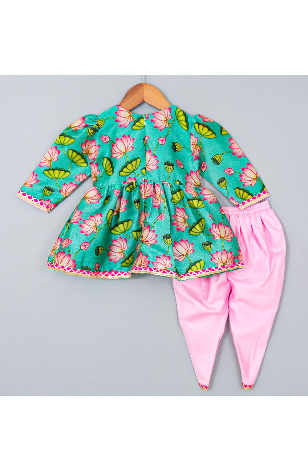 Aqua Lotus Printed Angarkha Peplum Style Top With Dhoti Set