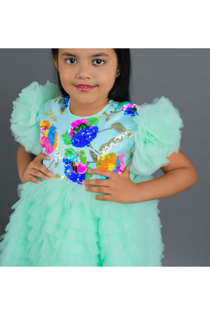 Sea Green Sequins Detailing Net Frill Dress