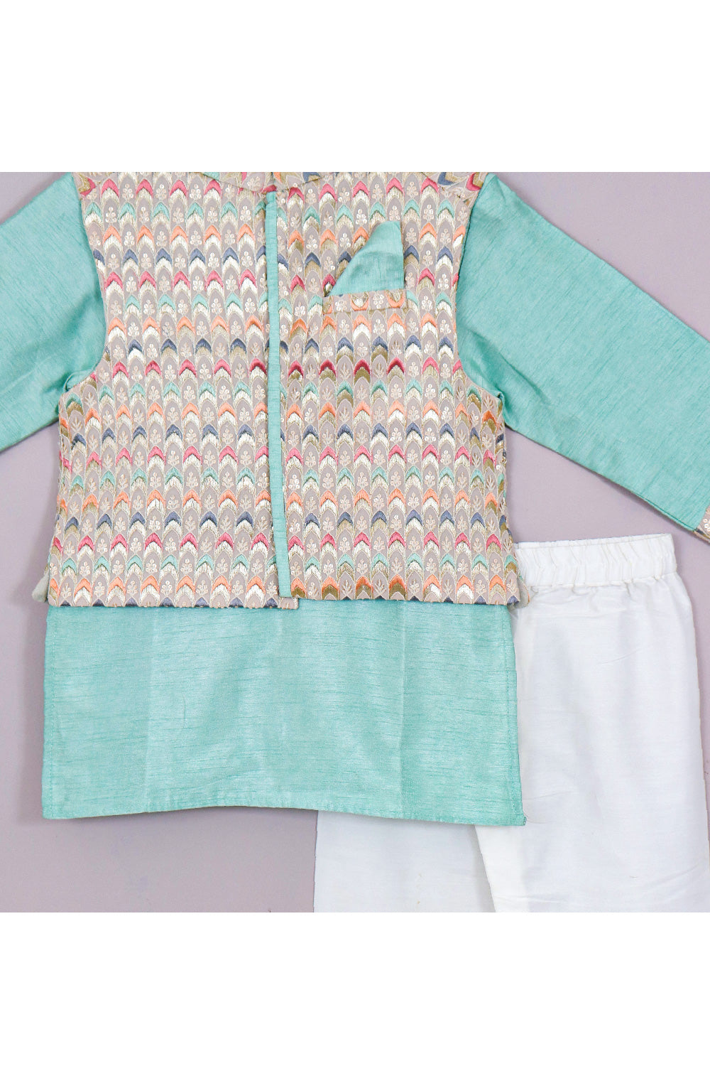 Sea Green Art Silk Kurta With Embroidered Jacket Set