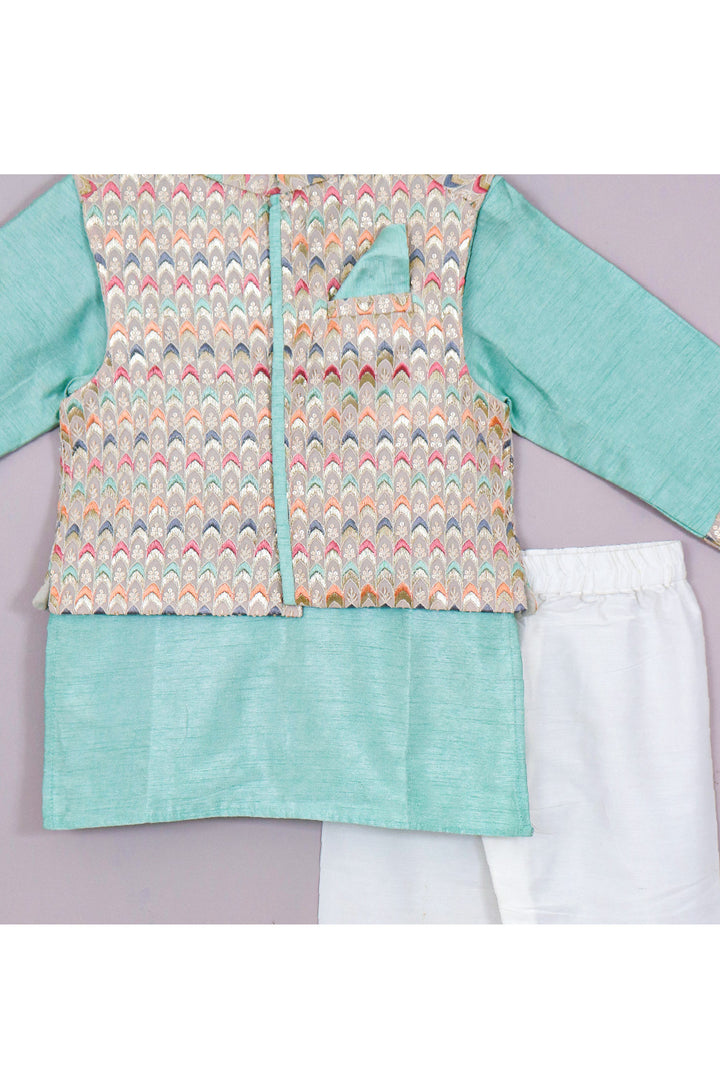 Sea Green Art Silk Kurta With Embroidered Jacket Set