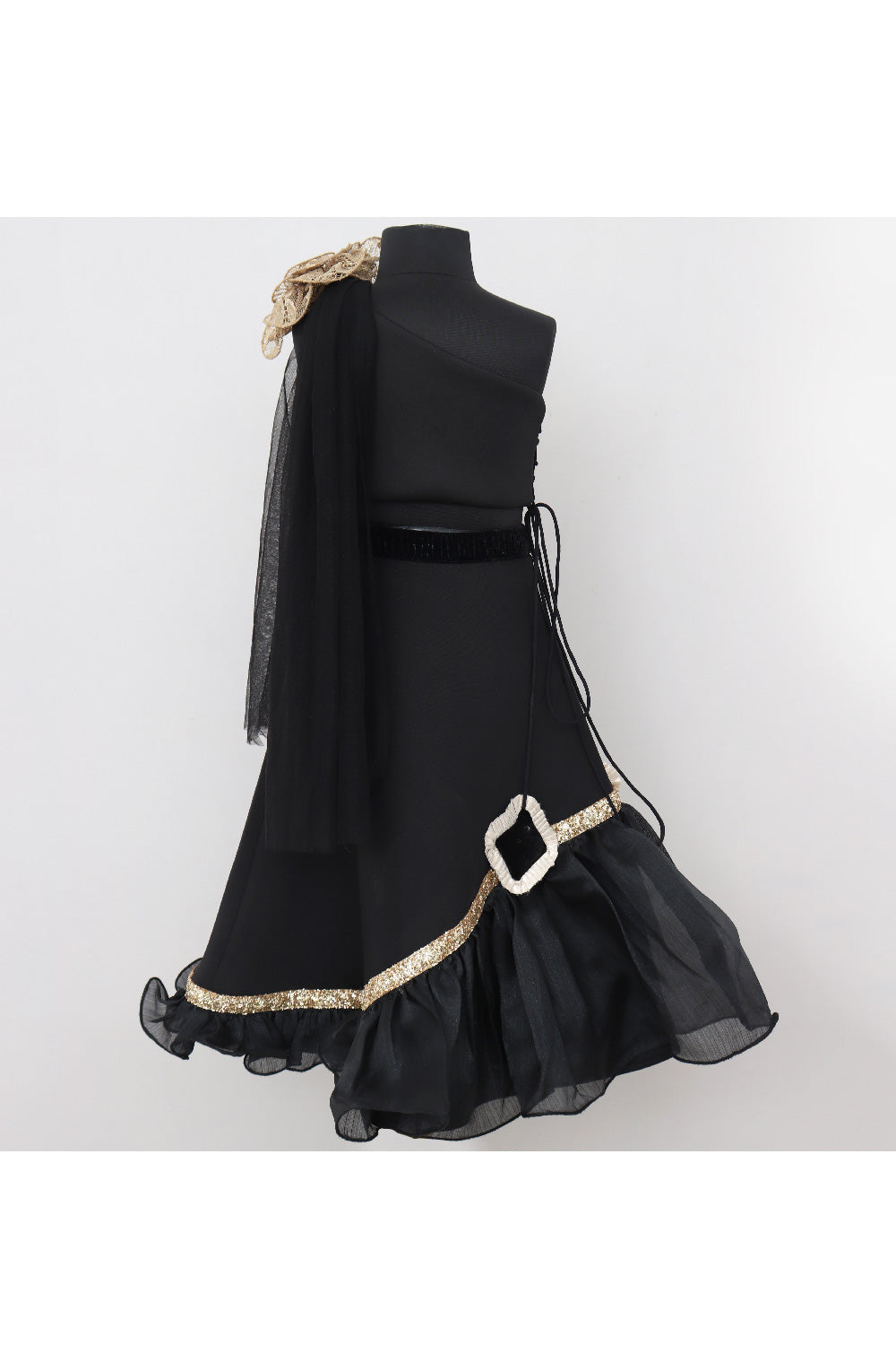 Black Flower Detailing Velvet One Shoulder Top With Neoprene Skirt Set