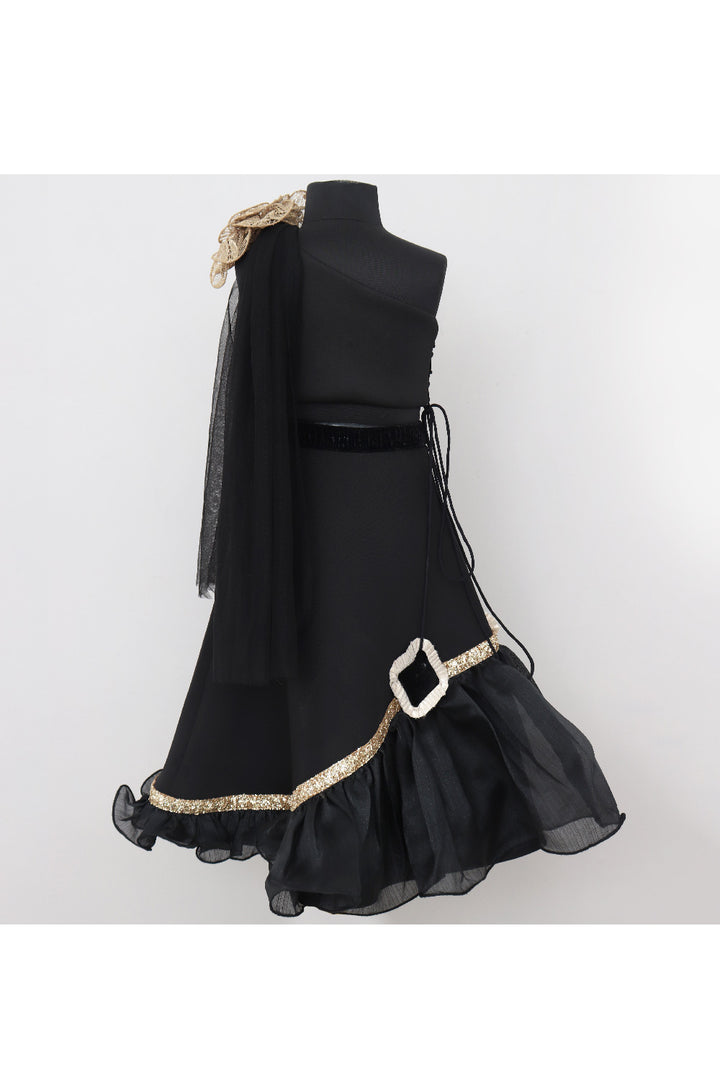 Black Flower Detailing Velvet One Shoulder Top With Neoprene Skirt Set