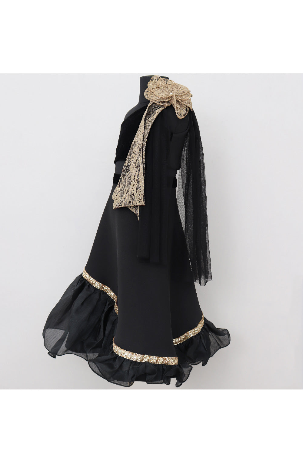 Black Flower Detailing Velvet One Shoulder Top With Neoprene Skirt Set