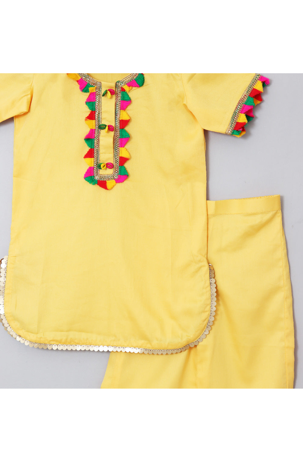 Yellow With Multicolor Lace Detailing Cotton Kurta With Pant Set