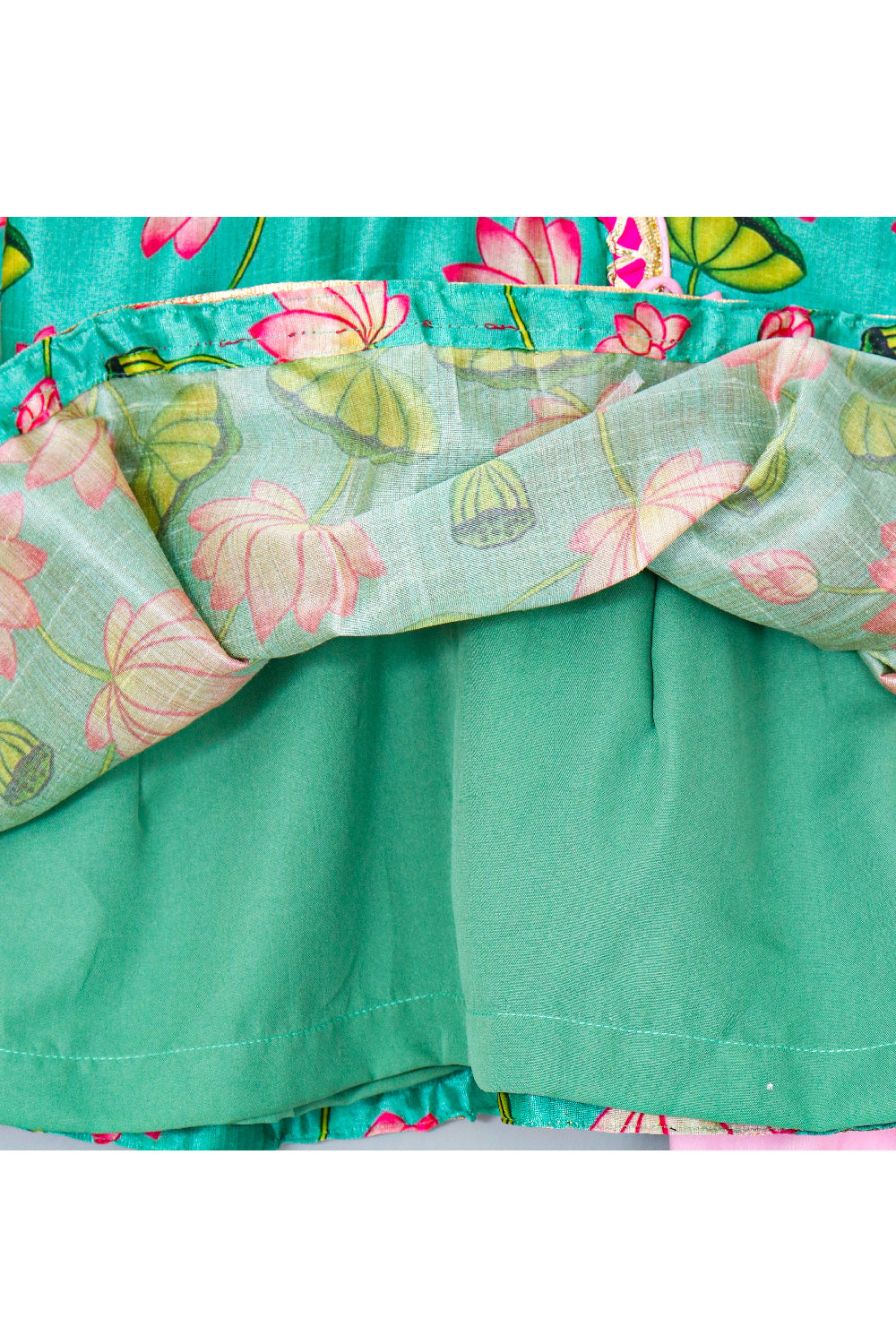 Aqua Lotus Printed Angarkha Peplum Style Top With Dhoti Set