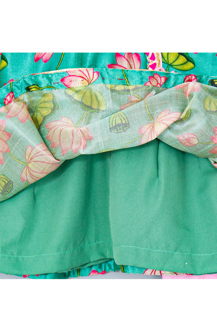 Aqua Lotus Printed Angarkha Peplum Style Top With Dhoti Set