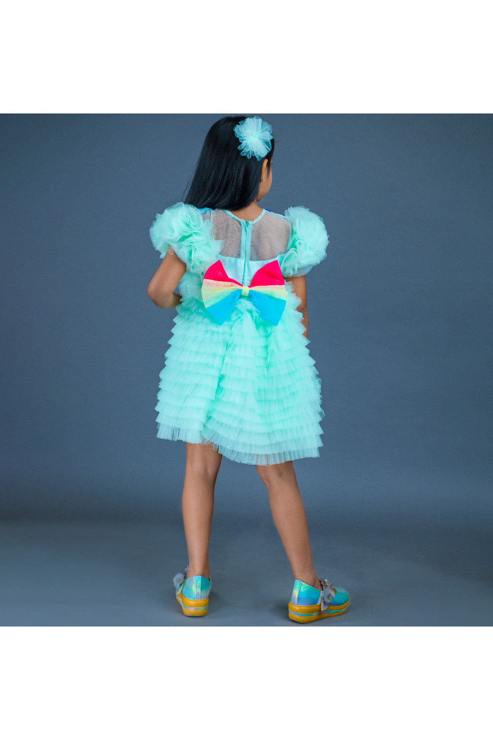 Sea Green Sequins Detailing Net Frill Dress