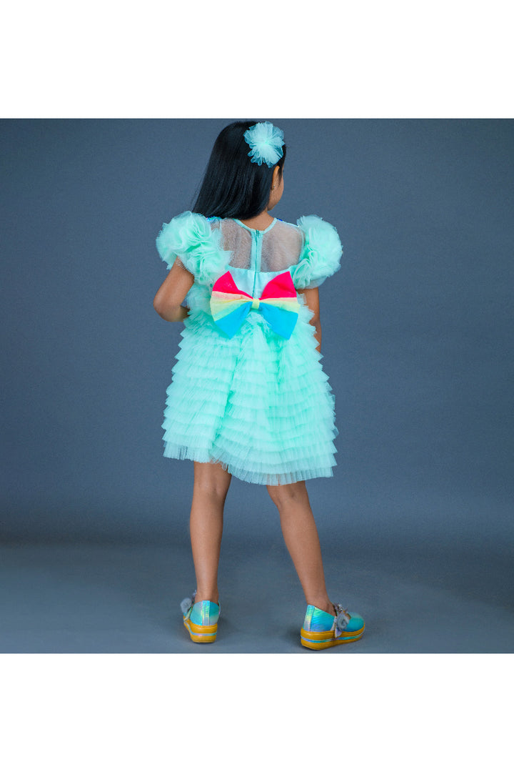 Sea Green Sequins Detailing Net Frill Dress