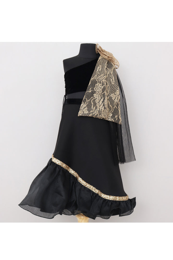 Black Flower Detailing Velvet One Shoulder Top With Neoprene Skirt Set