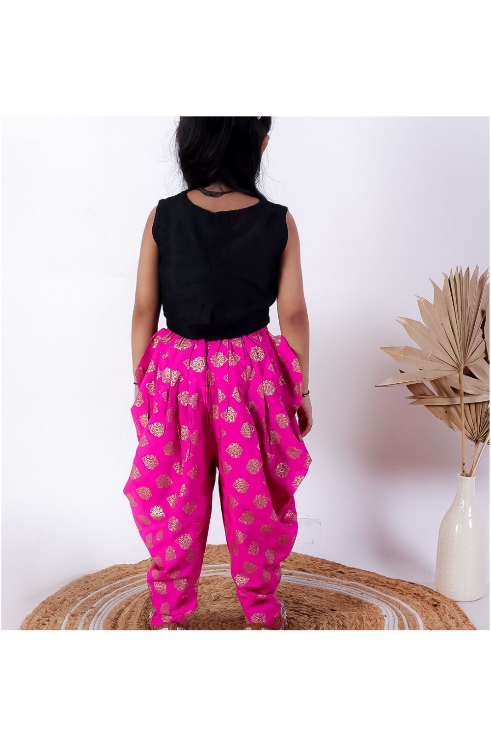 Black Embroidered Top & Pink Dhoti Pant Set