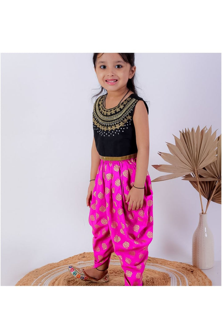 Black Embroidered Top & Pink Dhoti Pant Set