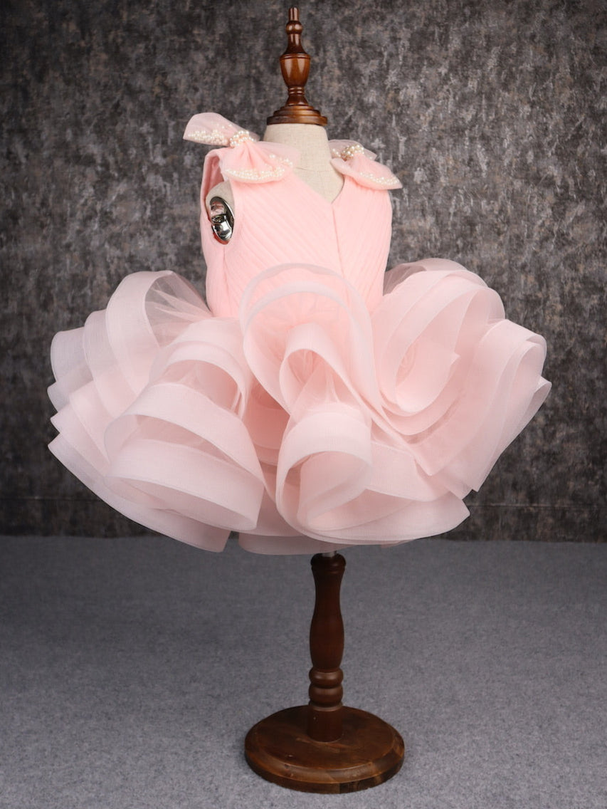 Peach Net Ruffle Pleated Yoke Stylish Dress